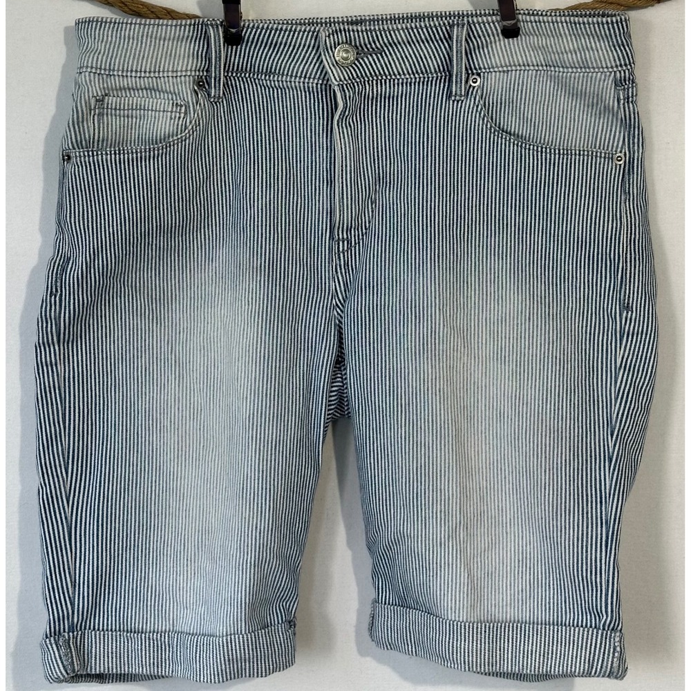 Levi's Denim Shorts Hickory Stripe Cuffed Retro Womens 10 Blue White